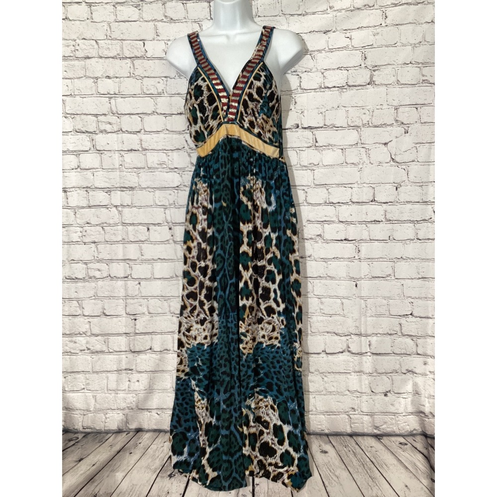 Christophe Sauvat Womens Mixed Animal Print Maxi Dress Teal Blue Embroidered S